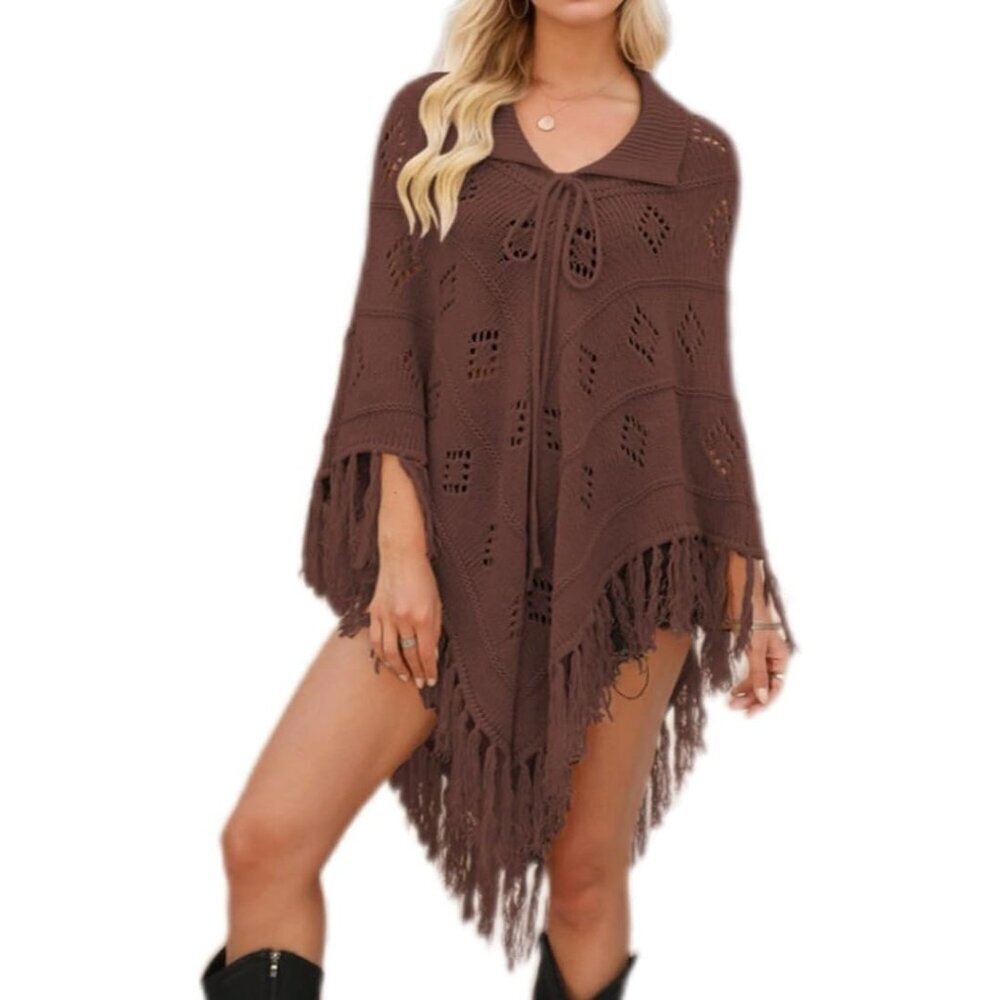 Women's Knit Poncho Cape Hollow Crochet Shawl Wrap Baggy Cozy Warm